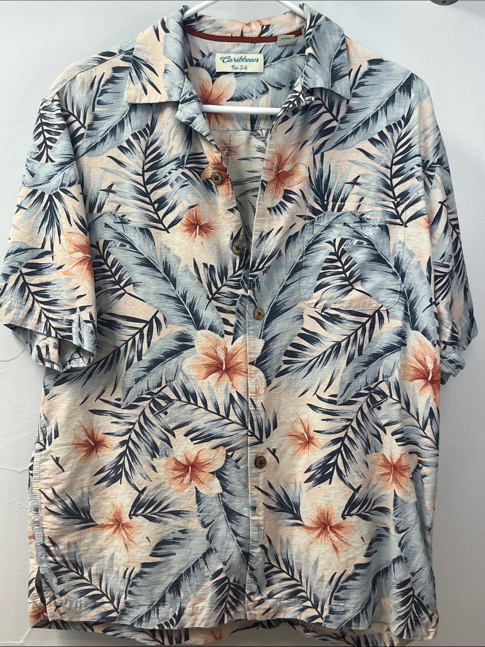 Caribbean Unisex Hawaiian Button-Down Shirt-Peach & Navy-100% silk-Medium